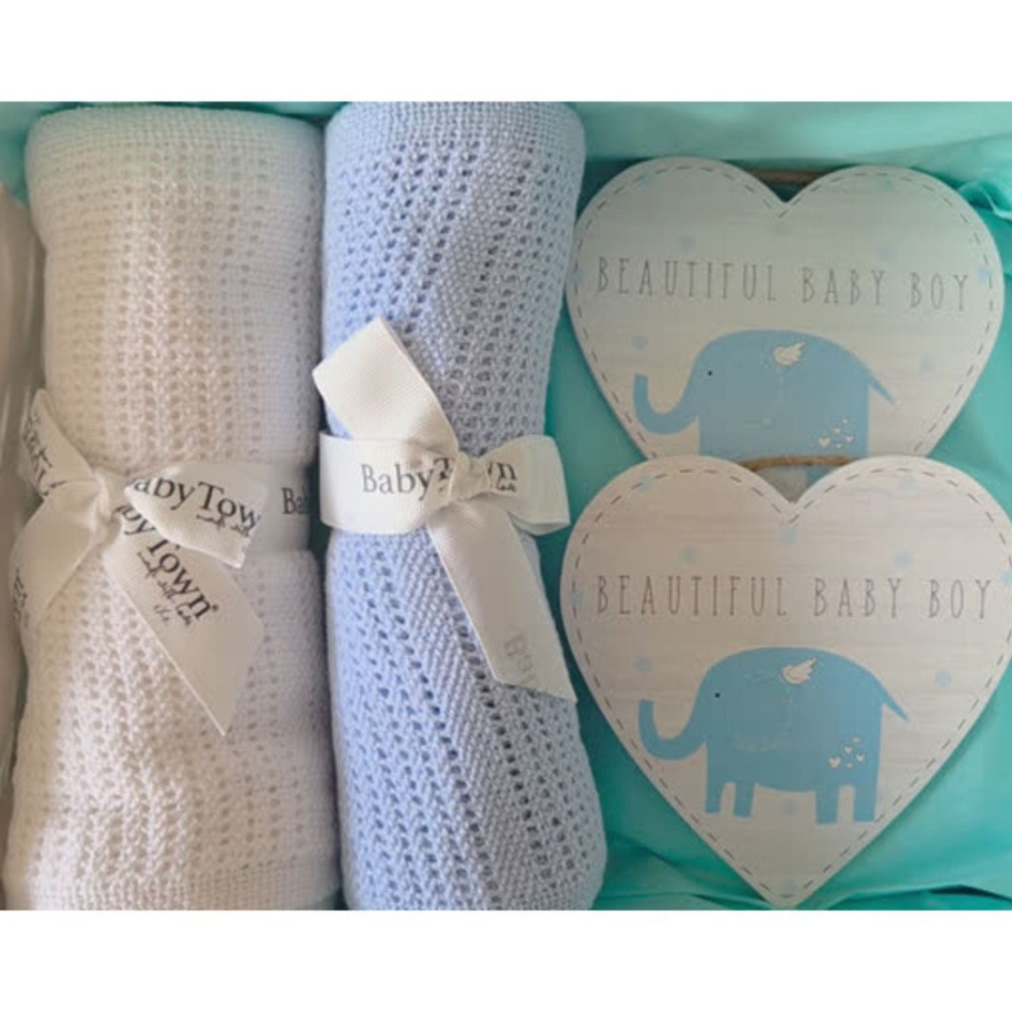 Baby gift basket for twins - 2  blankets in blue & white and 2 'beautiful baby boy' heart plaques with elephant design.