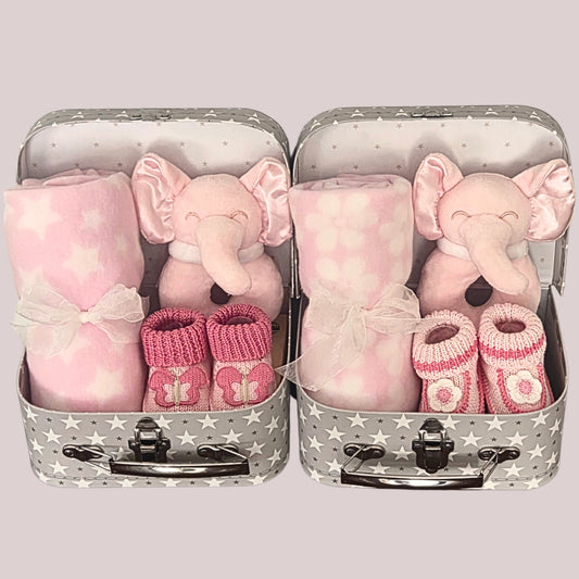 Twin baby girls gift set with two mini suitcases, pink elephant rattles, pink & white blankets and booties