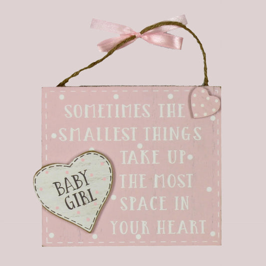 Decorative pink door hanging plaque with white text  saying 'Sometimes the smallest things take up the most space in your heart' and heart-shaped tag saying 'Baby Girl' with hessian rope for hanging