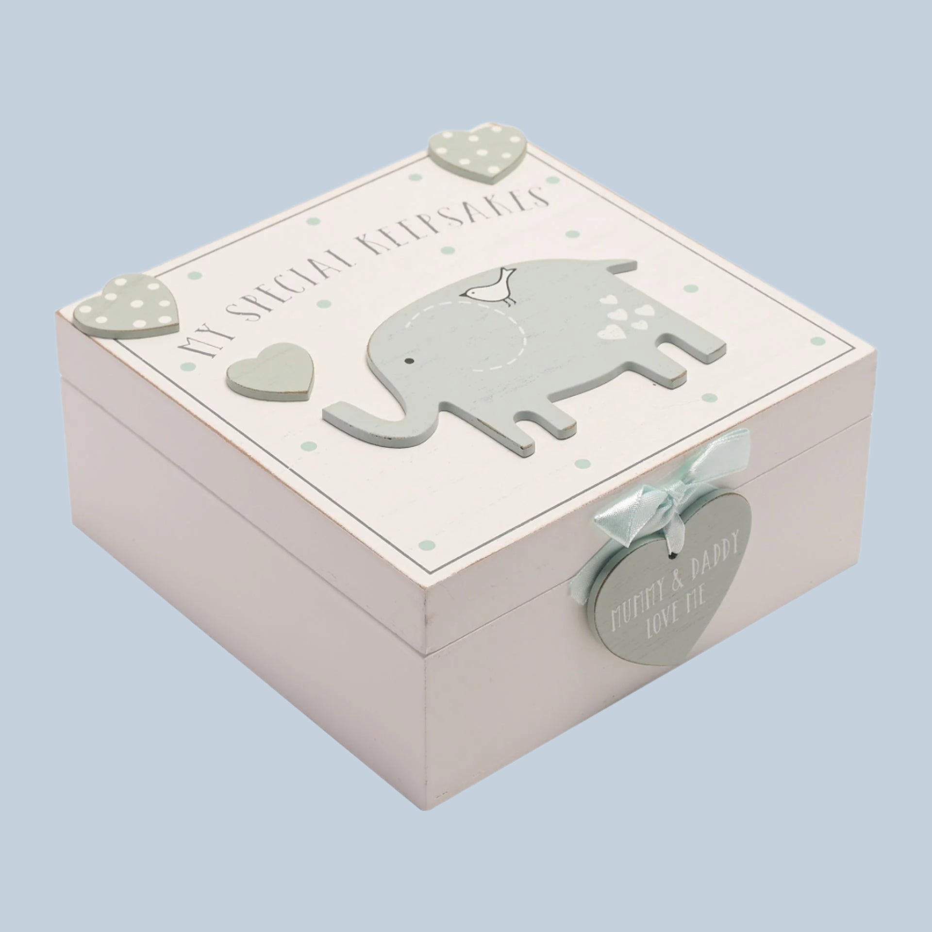 White Wooden Keepsake box with elephant design and text saying 'My Special Keepsakes' on a pale blue background