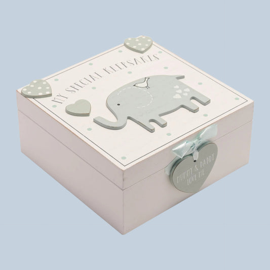 White Wooden Keepsake box with elephant design and text saying 'My Special Keepsakes' on a pale blue background