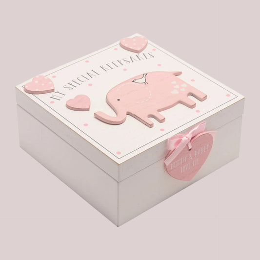 White wooden keepsake box with an elephant design on a pale pink background