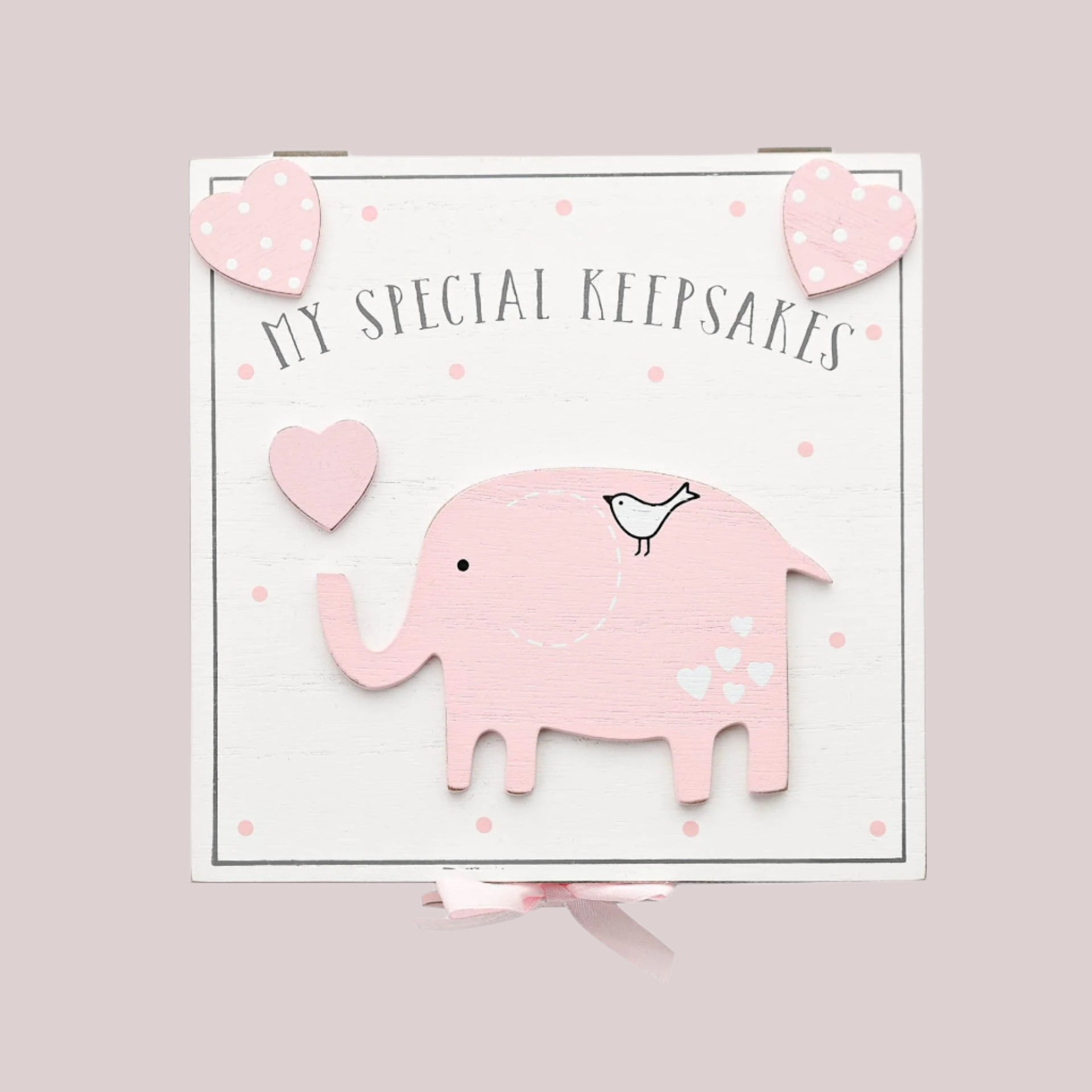 White wooden keepsake box with pink elephant with a bird on a white background with 'My Special Keepsakes' text