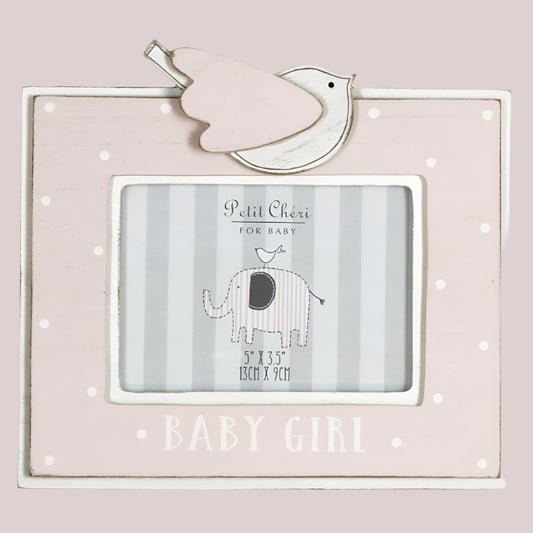 Decorative photo frame with 'Baby Girl' text and elephant design on a pink background