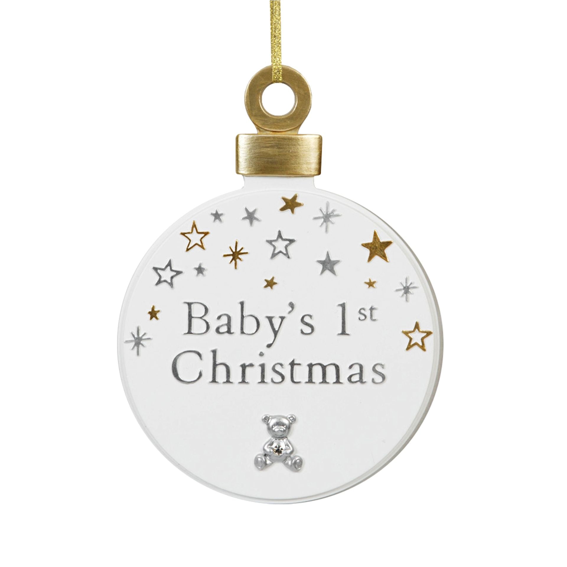 Baby's 1st Christmas' writing, with  silver and gold stars & teddy design on a round, white hanging plaque 